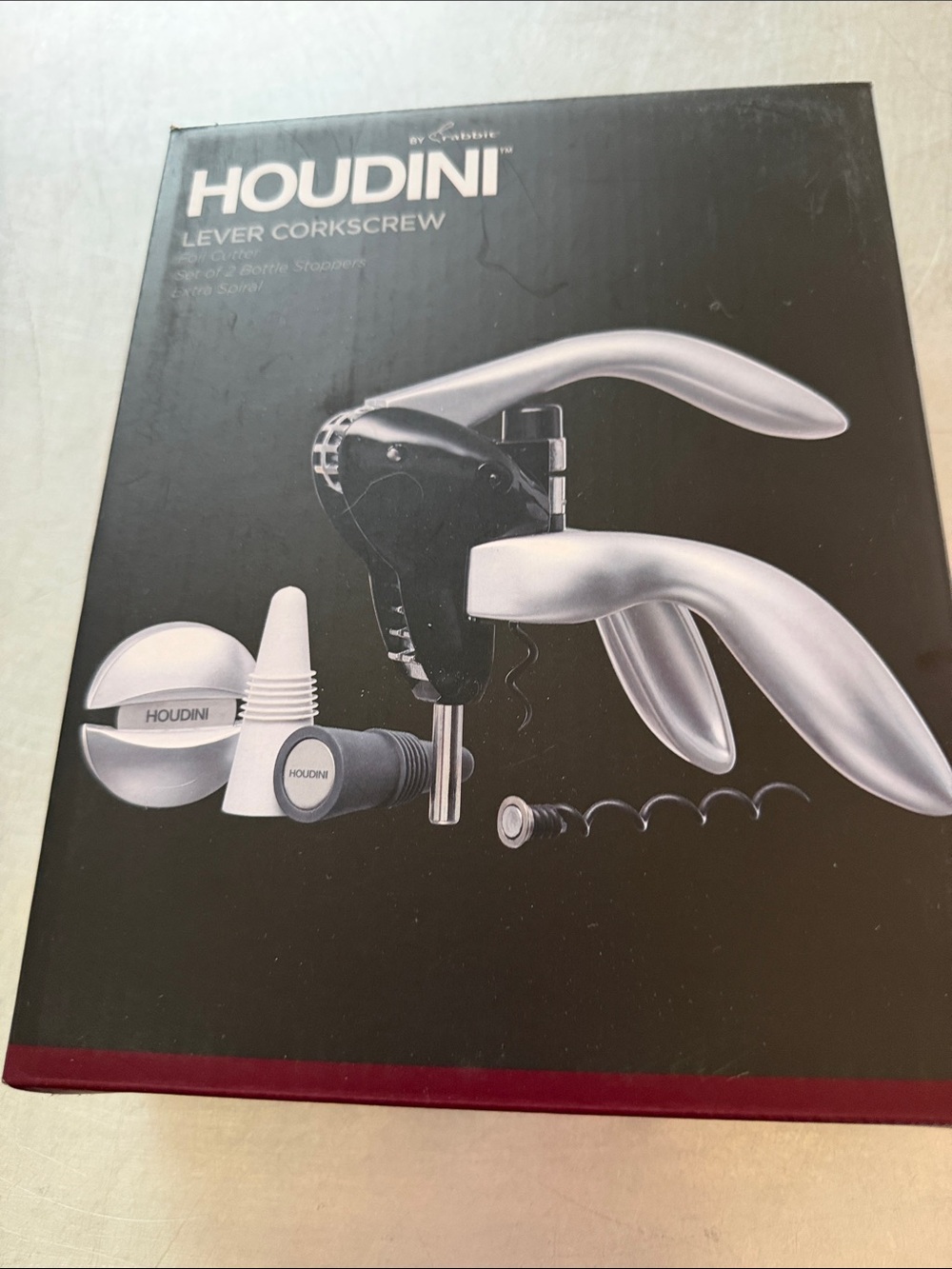 Houdini Silver Lever Corkscrew Set with Matching Bottle Stoppers